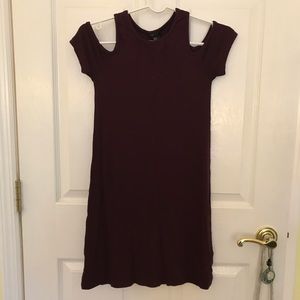 maroon open-shoulder dress